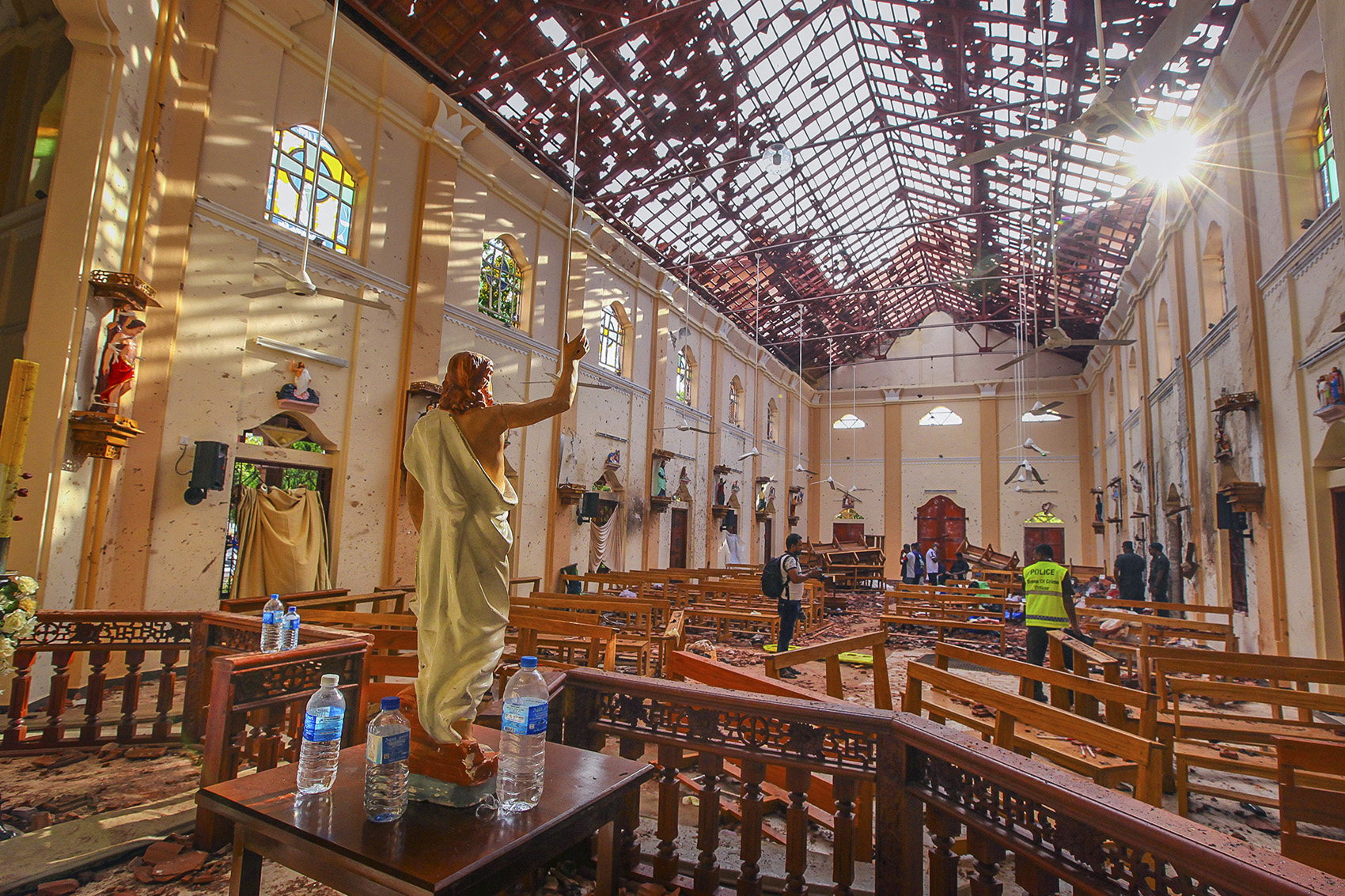 caption: In this Sunday, April 21, 2019, a view of St. Sebastian's Church damaged in blast in Negombo, north of Colombo, Sri Lanka. (Chamila Karunarathne, file/AP)