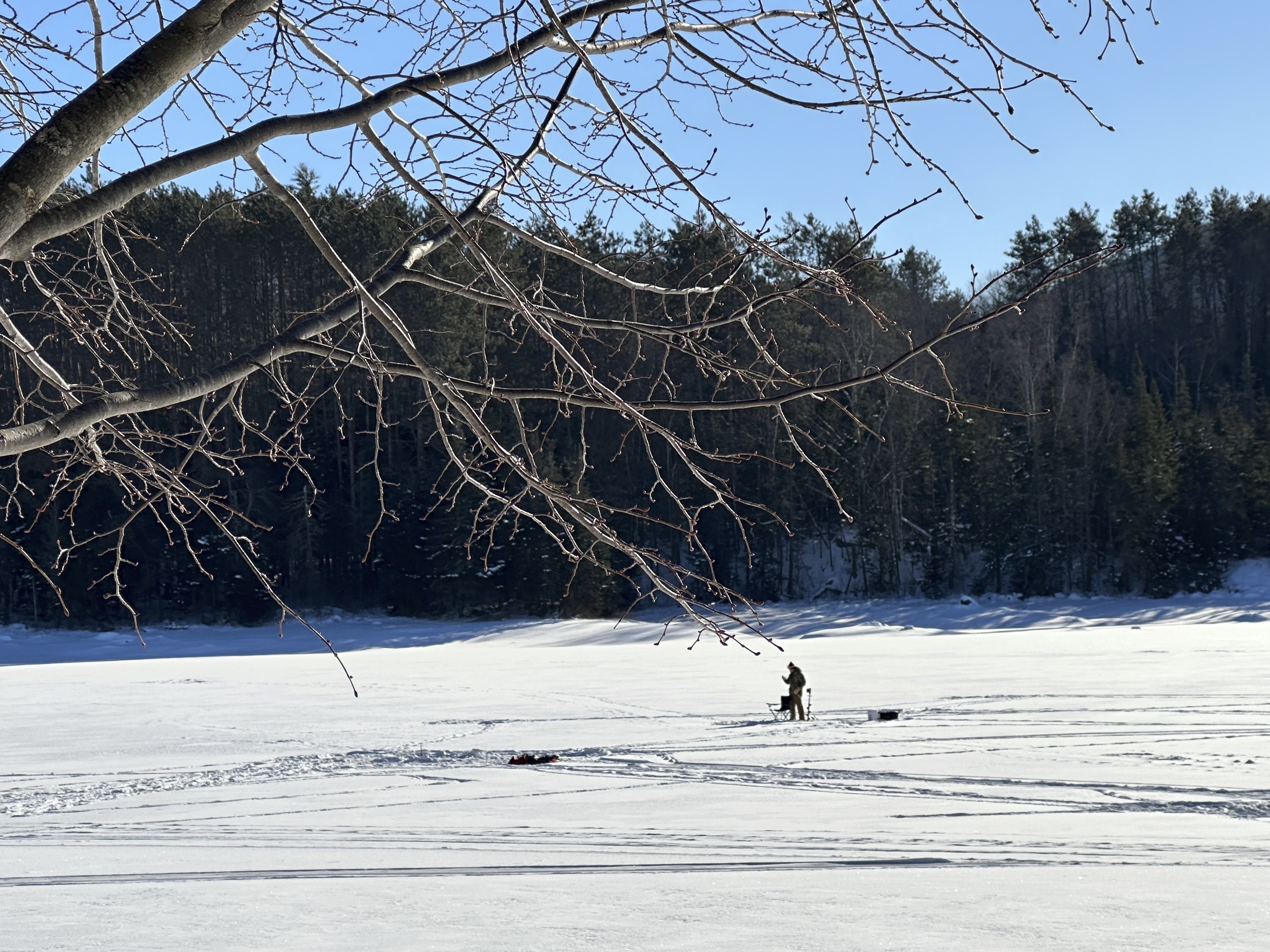caption: An ice fisherman stands on the frozen Molly's Falls Pond in Marshfield, Vt., on Sunday.