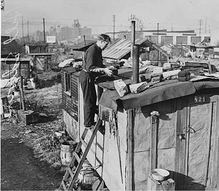 caption: Seattle's Hooverville, 1939