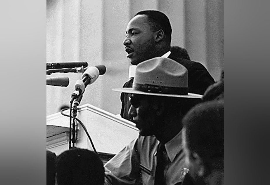 caption: Martin Luther King, Jr. delivers his seminal "I Have a Dream" speech.