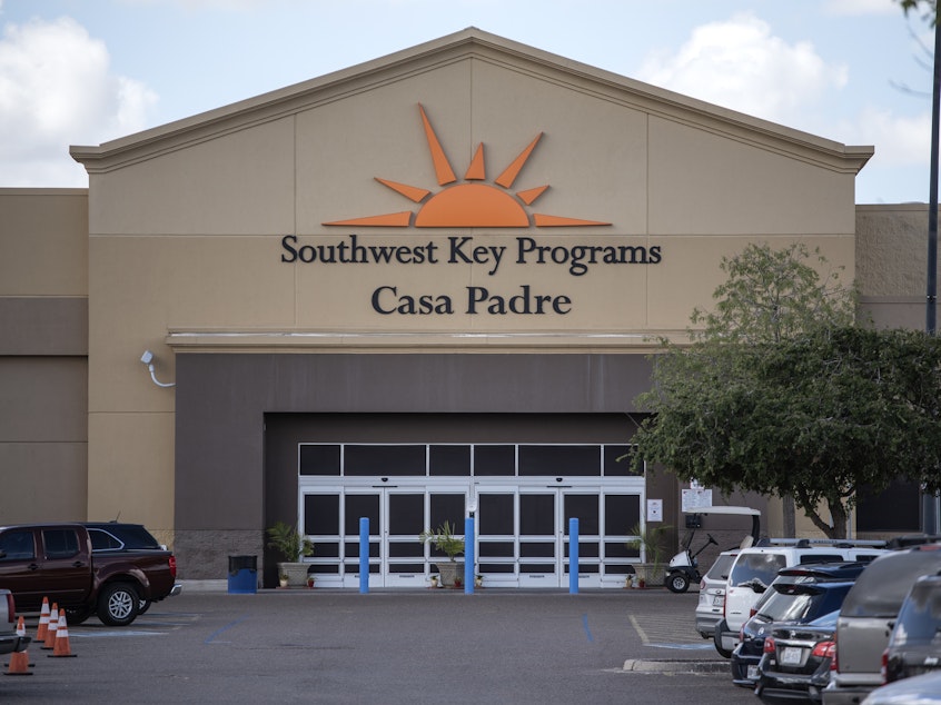 caption: The Southwest Key Casa Padre Facility, formerly a Walmart, stands in Brownsville, southern Texas, in June 2018. The facility cares for migrant children.