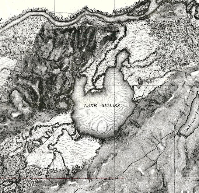 caption: "This was one of the first maps (from 1869) drawn of Sumas Lake and shows the topographical features of it and the surrounding valley.  The US boundary can be seen near the bottom.  Today's Sumas City would sit at the far southwest corner of the map," writes Chad Reimer.
