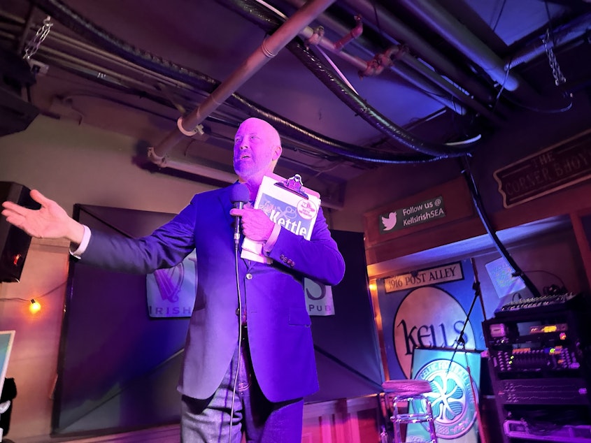 caption: Bob Kettle speaks to his supporters at Kell's Pub & Restaurant on election night, Tuesday, November 7, 2023.
