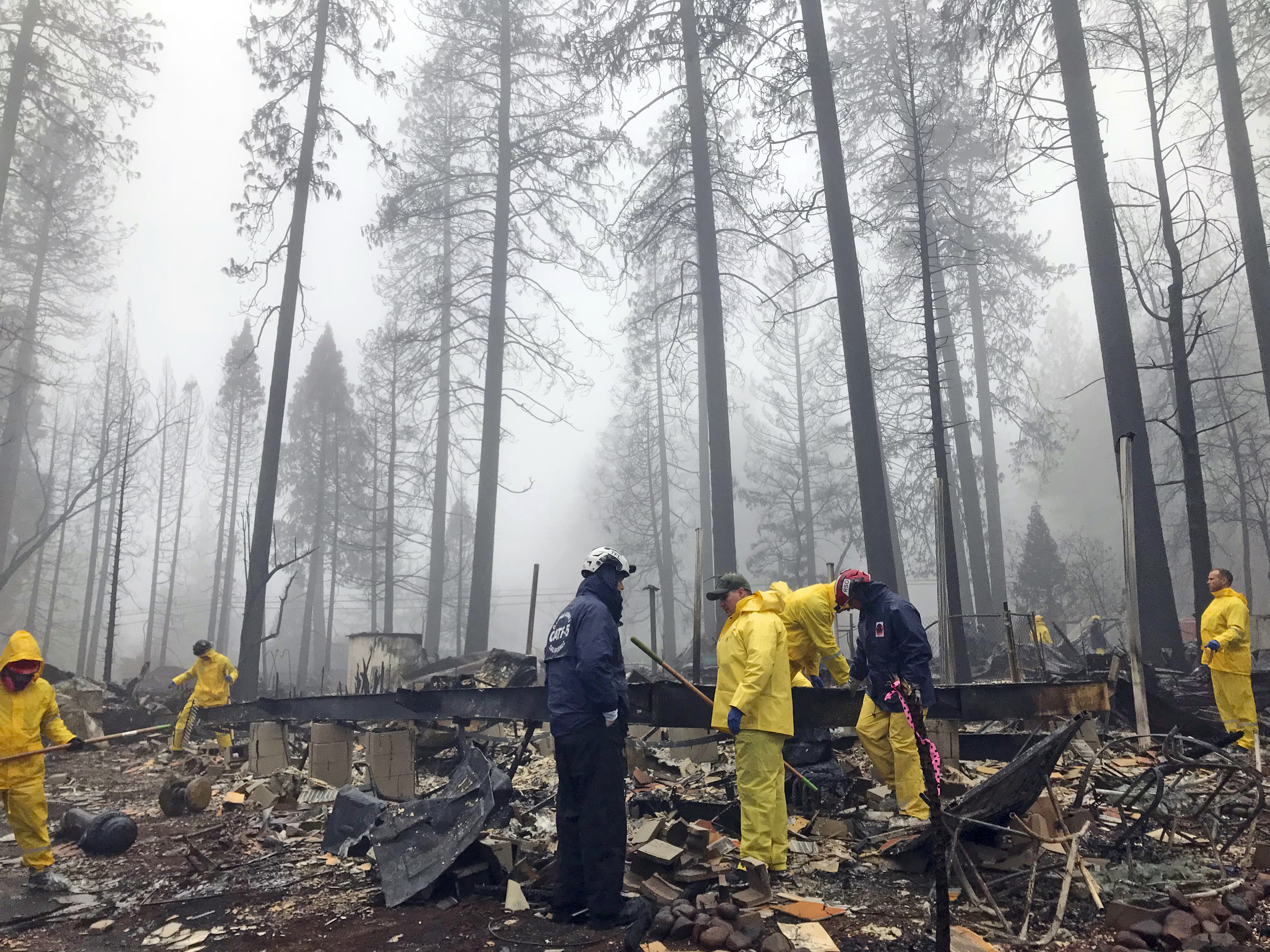 caption: Volunteers search a mobile home park in Paradise, Calif. Government scientists predict wildfires like the one that struck this community will contribute to billions in loses for the U.S. economy.