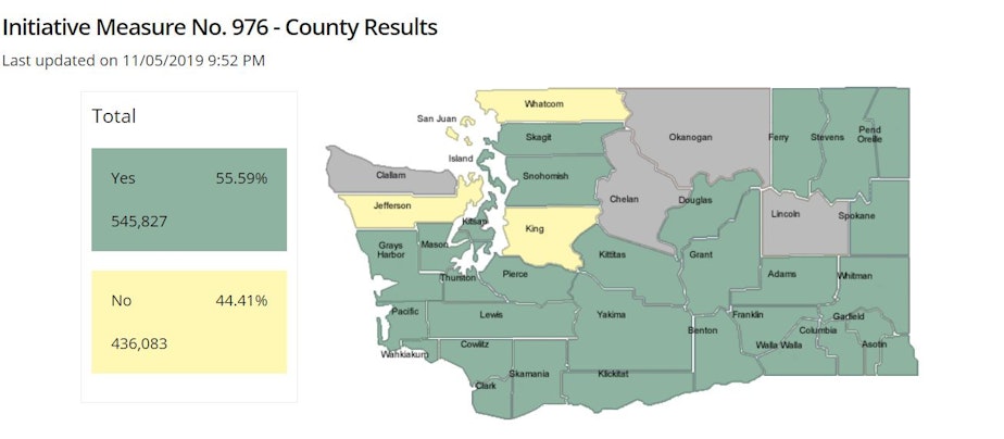 caption: Voting against cheaper car tabs are the residents of King, Whatcom and Jefferson counties — historically very liberal counties. Voting in favor of cheaper car tabs are counties in green. 