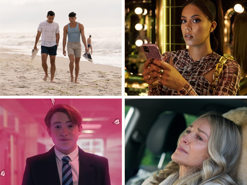 caption: Clockwise from top left: <em>The Gilded Age, Fire Island, Mood, The Flight Attendant, Heartstopper </em>and <em>Everything Everywhere All at Once.</em>
