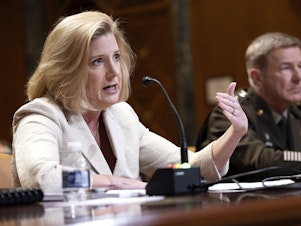 caption: U.S. Army Secretary Christine Wormuth testifies during a Senate Appropriations Defense Subcommittee hearing on Capitol Hill in May 2022.