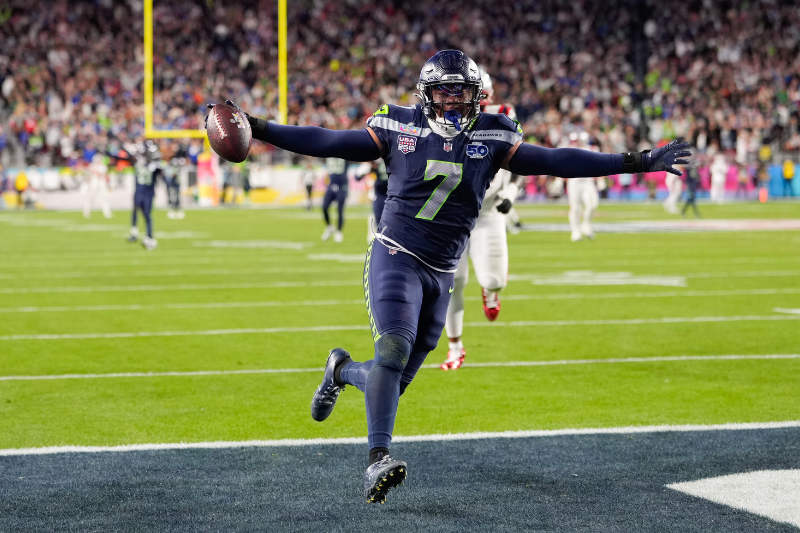caption: Seattle Seahawks linebacker Uchenna Nwosu (7) celebrates his touchdown on a fumble recovery during the second half of the NFL Super Bowl 60 football game against the New England Patriots, Sunday, Feb. 8, 2026, in Santa Clara, Calif.