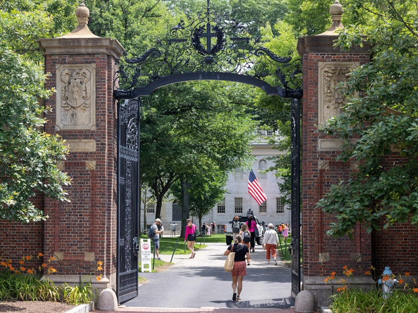 caption: CAMBRIDGE, MASSACHUSETTS - JUNE 29: People walk through the gate on Harvard Yard at the Harvard University campus on June 29, 2023 in Cambridge, Massachusetts.