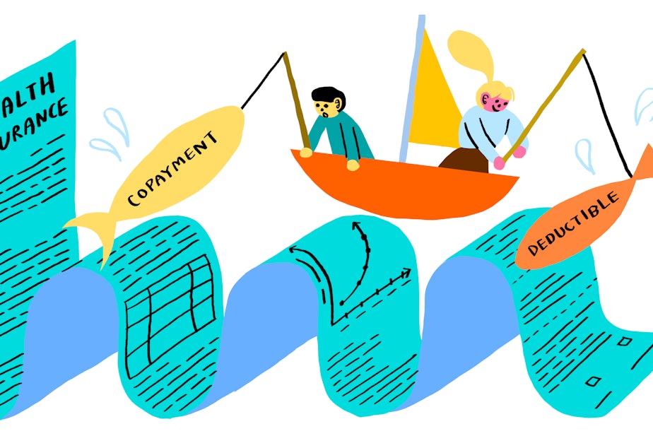 A long document labeled "health insurance" turns into waves as the document stretches across the screen. Two people in a small boat ride the "waves" of the document, fishing for the jargon like "deductible" and "copayment."