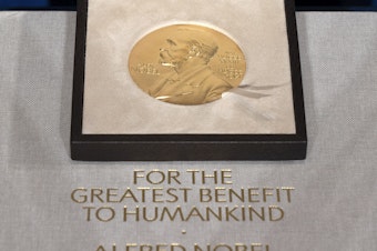 caption: Displayed is a file photo of a Nobel Prize medal on Dec. 8, 2020. The Nobel Prize in economic sciences was awarded to three U.S-based professors for their pioneering work with "natural experiments."