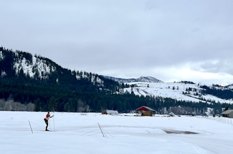 caption:  A cross country skier follows a trail on the Sunny M Ranch property in the Methow Valley. The Methow Conservancy hopes to purchase the land this summer.