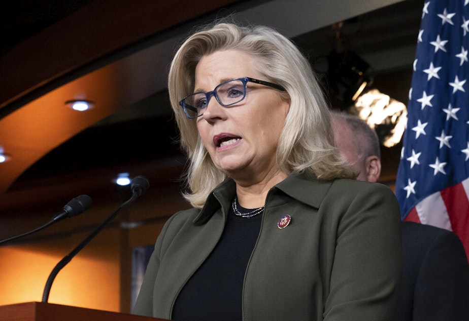 caption: Rep. Liz Cheney, R-Wyo., speaks with reporters at the Capitol in Washington DC on December 17, 2019. 