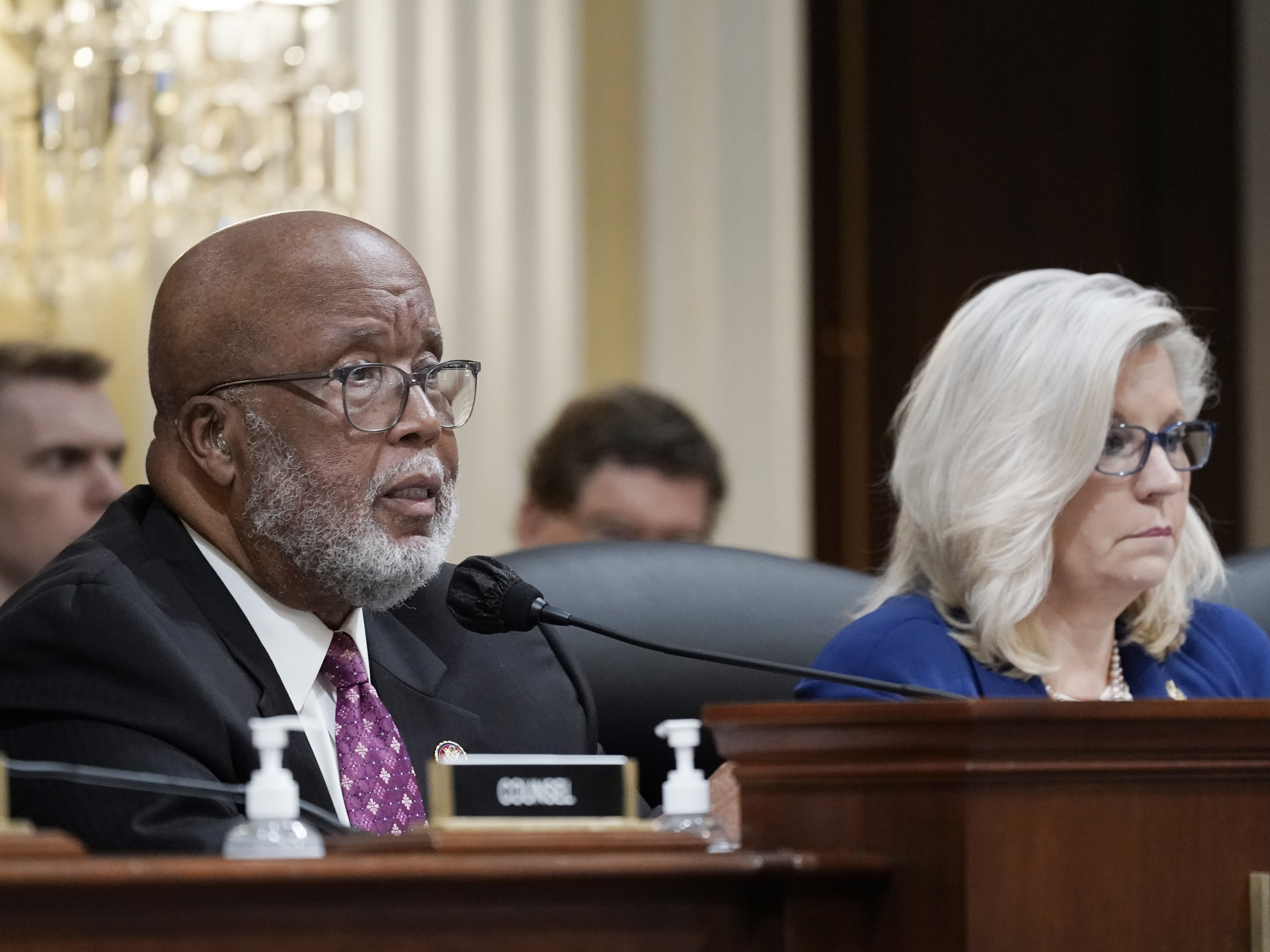 caption: Chairman Bennie Thompson, D-Miss., and Vice Chair Liz Cheney, R-Wyo., preside over a House select committee investigating the Jan. 6 attack hearing in October.