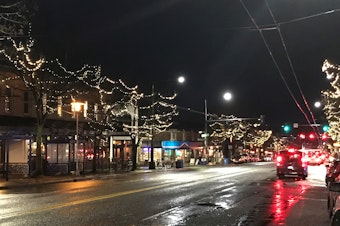 caption: Tree lights on Market Street in downtown Ballard.