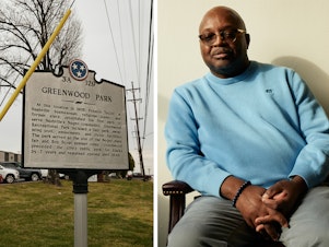 caption: Left: A Tennessee Historical Commission marker honors the site of Greenwood Park, which was the first city park to serve Nashville's Black residents and was established by Preston Taylor in 1905. Right: Learotha Williams is a public historian at Tennessee State University in Nashville.