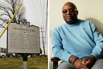 caption: Left: A Tennessee Historical Commission marker honors the site of Greenwood Park, which was the first city park to serve Nashville's Black residents and was established by Preston Taylor in 1905. Right: Learotha Williams is a public historian at Tennessee State University in Nashville.