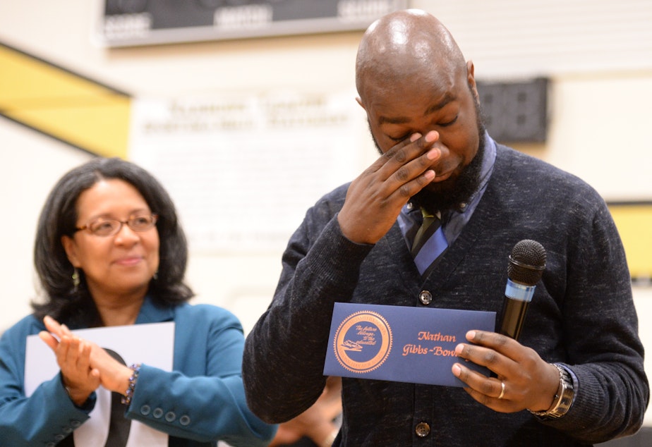 caption: Nate Gibbs-Bowling of Lincoln High School in Tacoma receives a $25,000 Milken Educator Award in April 2014. He was also named the 2016 Washington state teacher of the year.