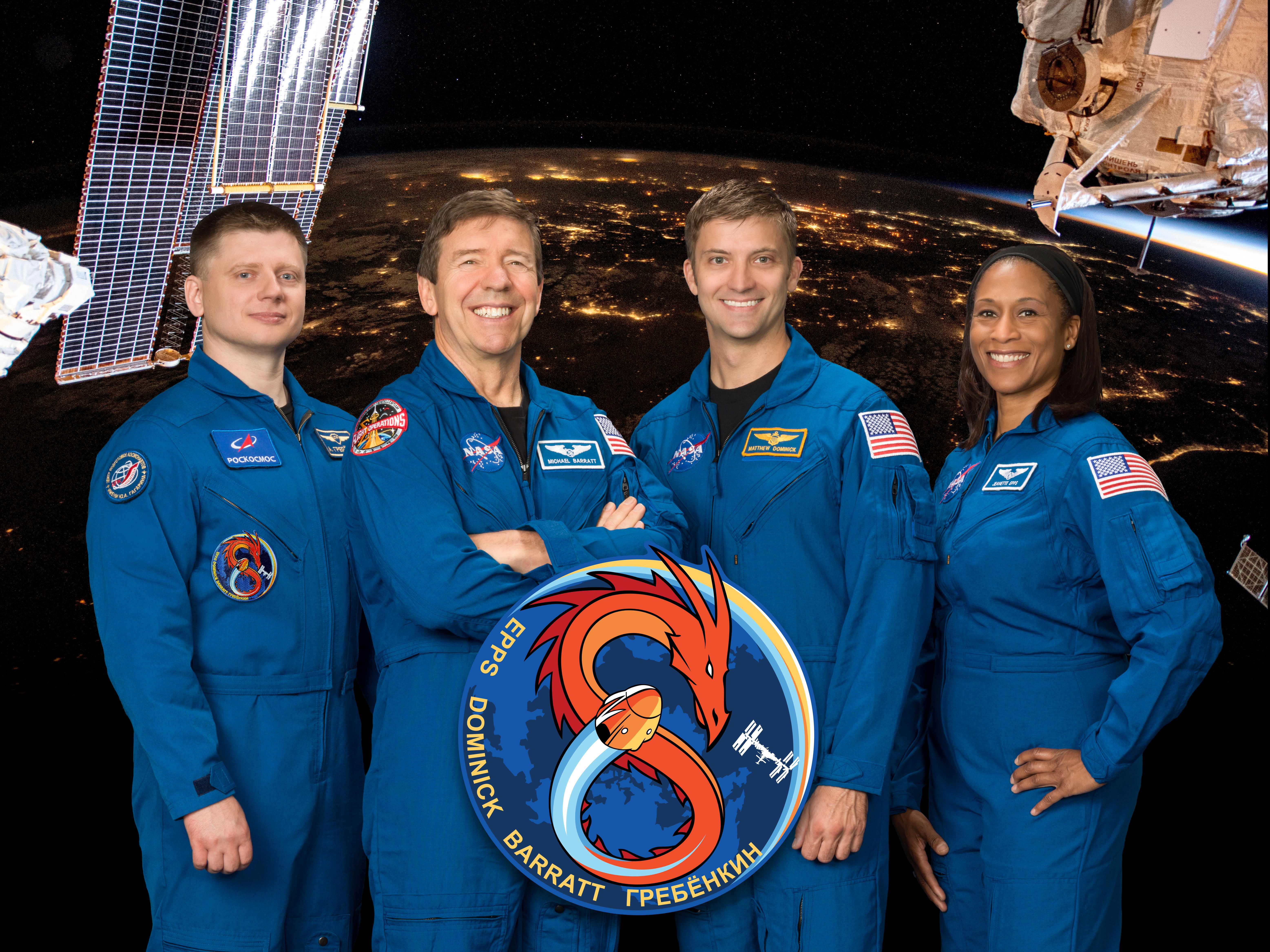 caption: Official SpaceX Crew-8 portrait with (L-R) Roscosmos cosmonaut and Mission Specialist Aleksandr Grebenkin, and Pilot Michael Barratt, Commander Matthew Dominick, and Mission Specialist Jeanette Epps, all three NASA astronauts.