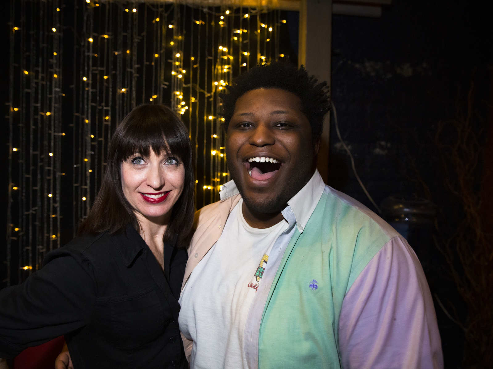 caption: <em>Ask Me Another</em> host Ophira Eisenberg and Larry Owens backstage at the Bell House in Brooklyn, New York.