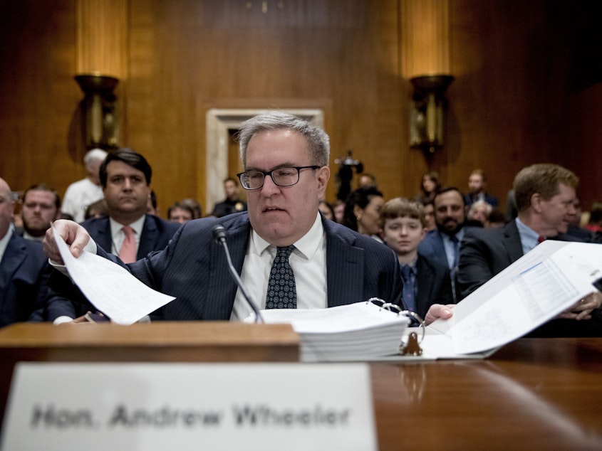 caption: Andrew Wheeler arrives Wednesday to testify at a Senate Environment and Public Works Committee hearing to be the administrator of the Environmental Protection Agency.