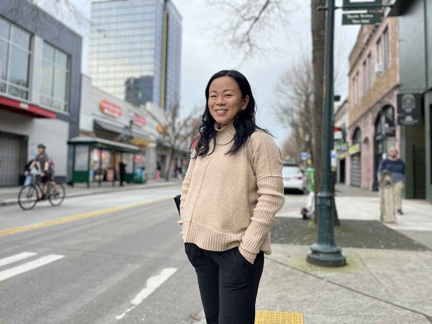 caption: Susan Su outside KUOW in Seattle