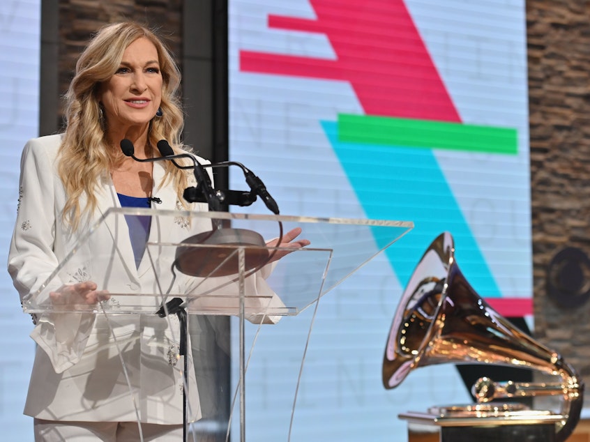 caption: Recording Academy President and CEO Deborah Dugan speaks during the 62nd Grammy Awards Nominations Conference at CBS Broadcast Center in November.