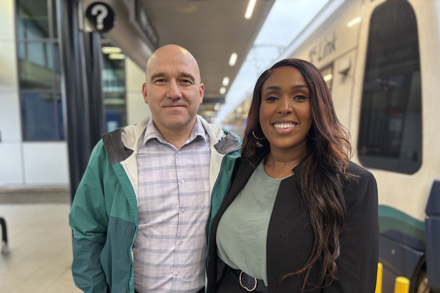 caption: Seatac Councilmembers James Lovell and Senayet Negusse at Sound Transit's Angle Lake Station.