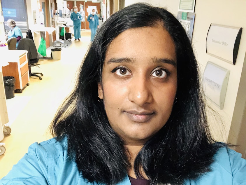 caption: Dr. Preethi Balakrishnan is a critical care doctor at Swedish where she has been caring for Covid-19 patients. She wonders what the long-term effects of the immense stresses of the job will be.  