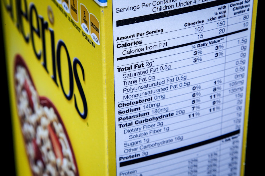 caption: The nutrition facts label on the side of a cereal box is photographed in Washington. (J. David Ake, File/AP)