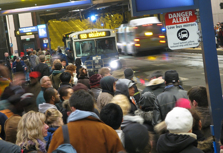 caption: Sound Transit bus routes that run between Bellevue and Seattle are expected to have major delays. Those routes are 550, 554, 555, 556, 560, 566 and 567.