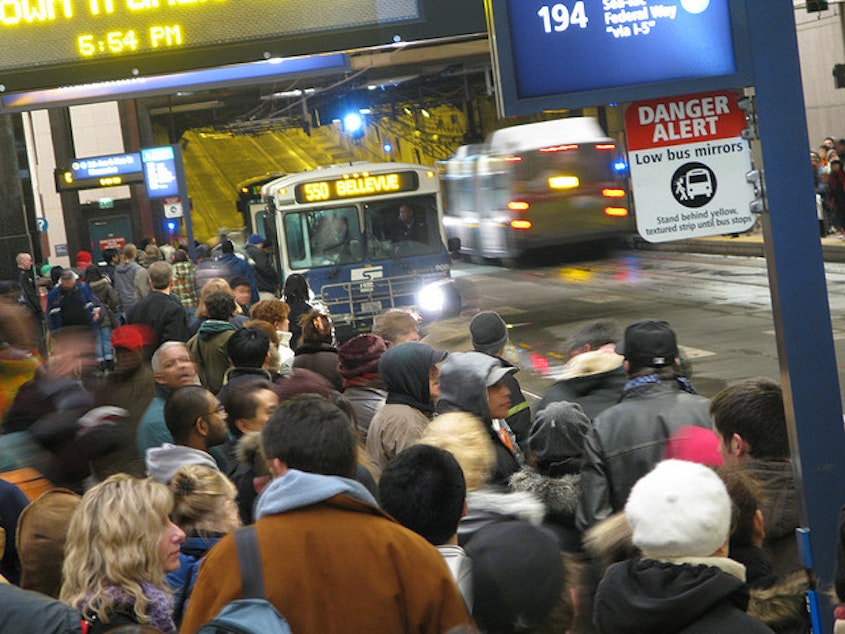 caption: Sound Transit bus routes that run between Bellevue and Seattle are expected to have major delays. Those routes are 550, 554, 555, 556, 560, 566 and 567.