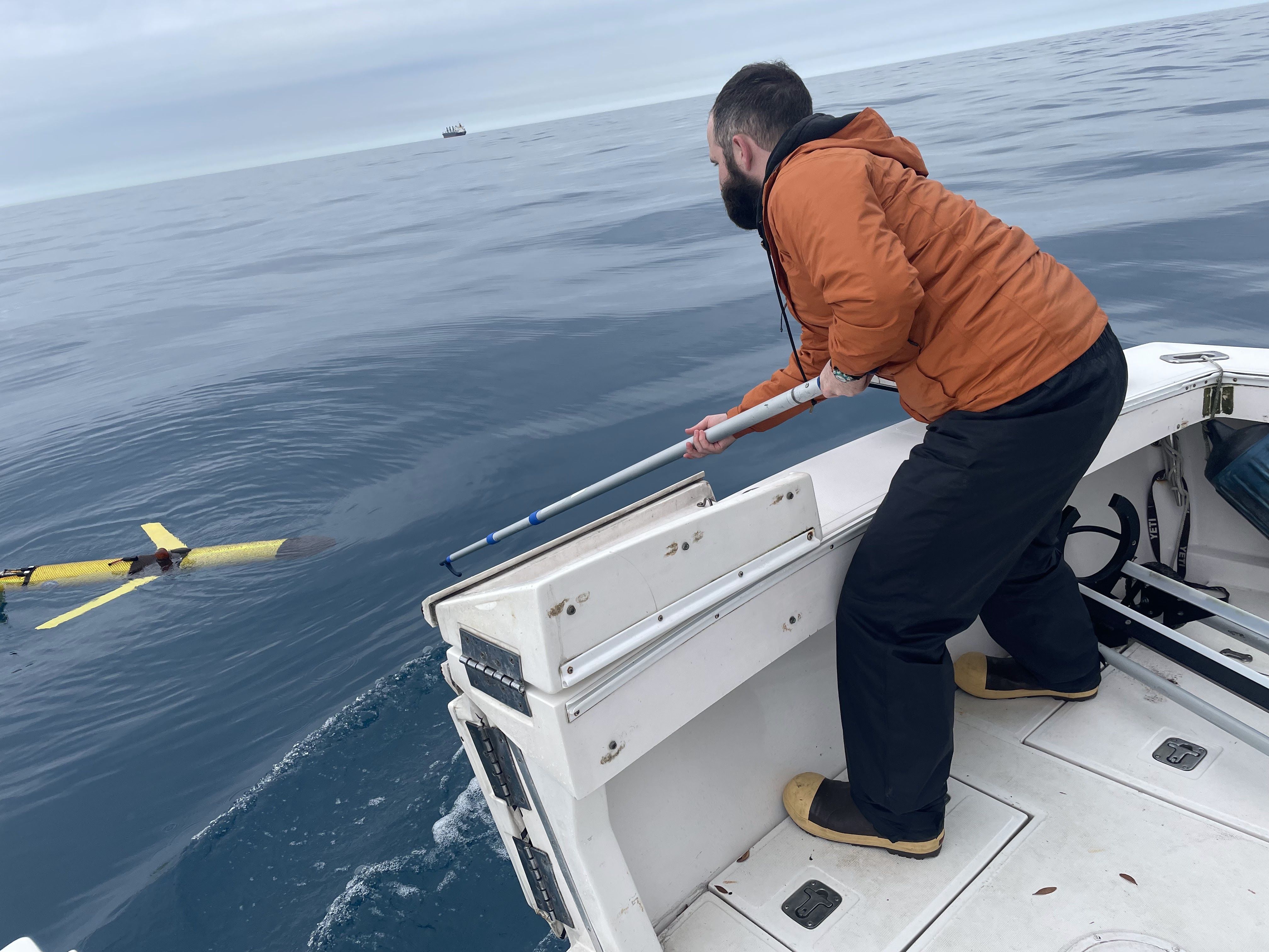 caption: A Teledyne G3 Slocum Glider tries to detect whale sounds off the coast of Georgia. UGA Skidaway Institute doctoral student Frank McQuarrie is taking it out of the water.