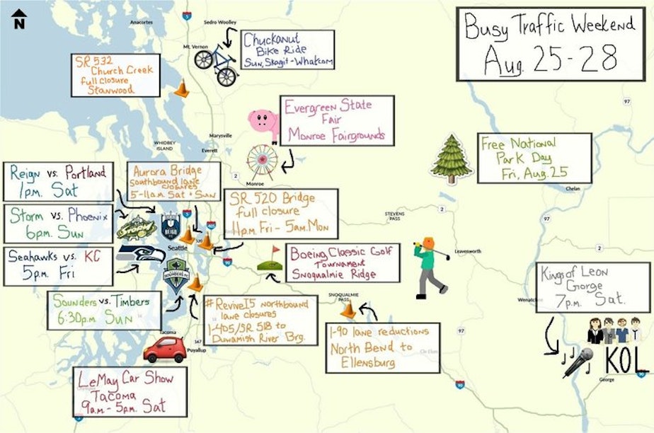 caption: WSDOT tweets out a hand drawn map similar to this one every week to give communters a heads up on weekend traffic woes. This map was created by Ally Barrera.