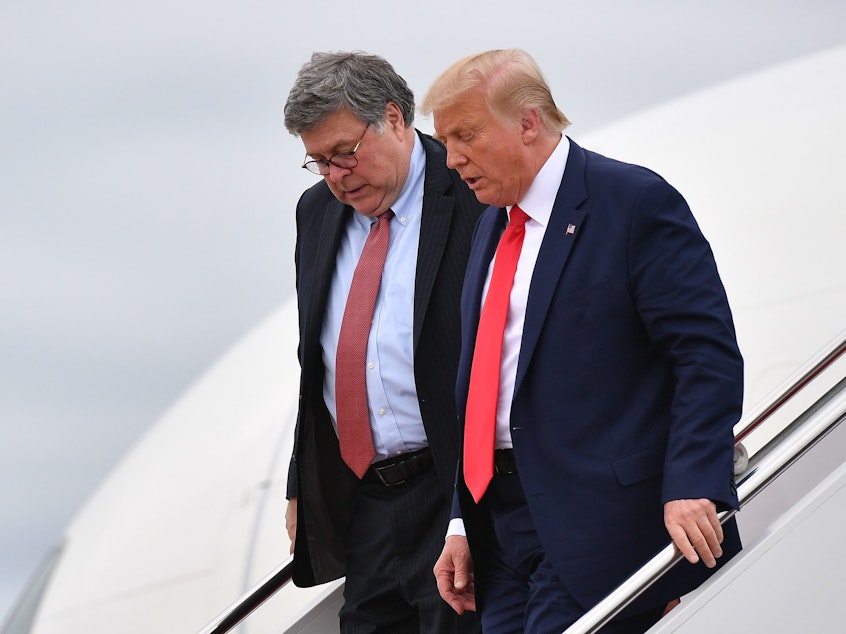 caption: Attorney General William Barr and President Donald Trump want to pare back longstanding legal protections for Internet platforms.