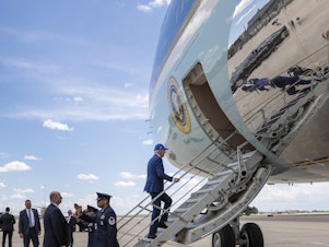 caption: President Biden boards Air Force One at Peterson Air Force Base in Colorado Springs, Colo. on June 1, 2023, after attending the 2023 United States Air Force Academy Graduation Ceremony.
