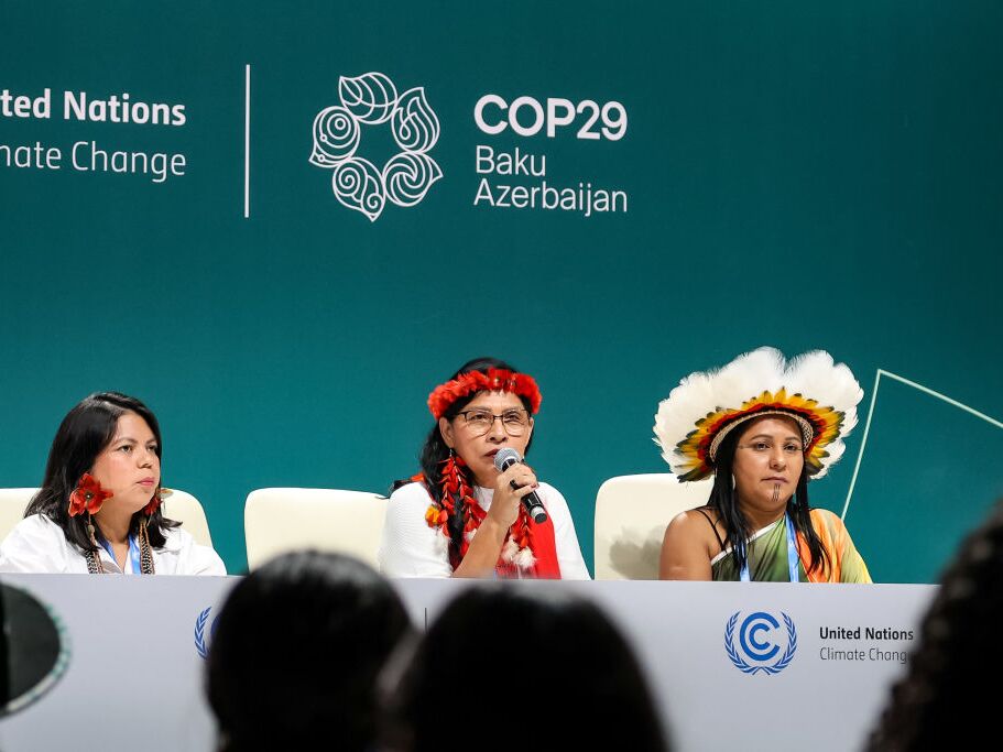 caption: Indigenous women of Amazonia speak to the media at a press conference during United Nations Climate Change Conference COP29.