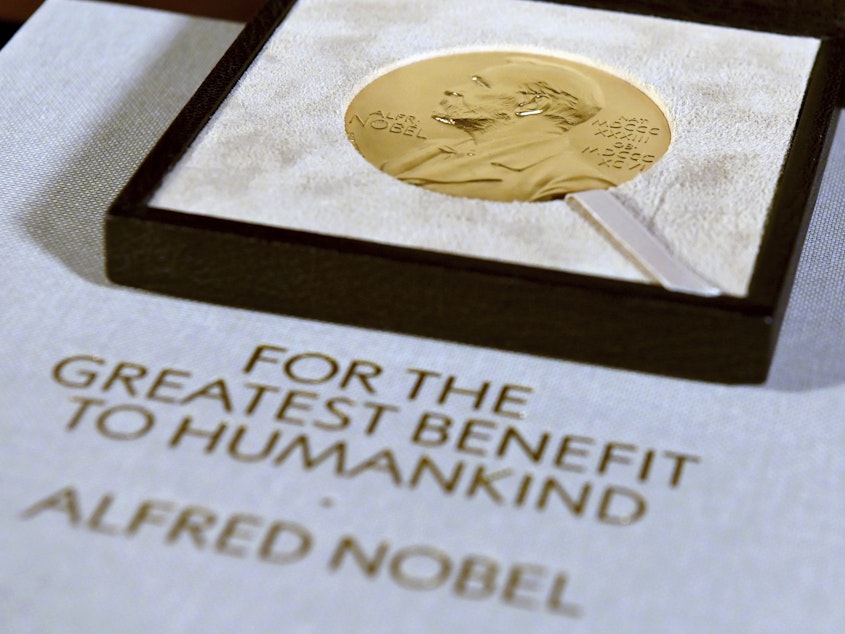 caption: A Nobel diploma and medal are displayed, Tuesday, Dec. 8, 2020, during a ceremony in New York.