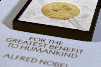 caption: A Nobel diploma and medal are displayed, Tuesday, Dec. 8, 2020, during a ceremony in New York.