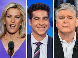 caption: From left, Laura Ingraham, Jesse Watters, Sean Hannity and Greg Gutfeld make up Fox News' prime time lineup.