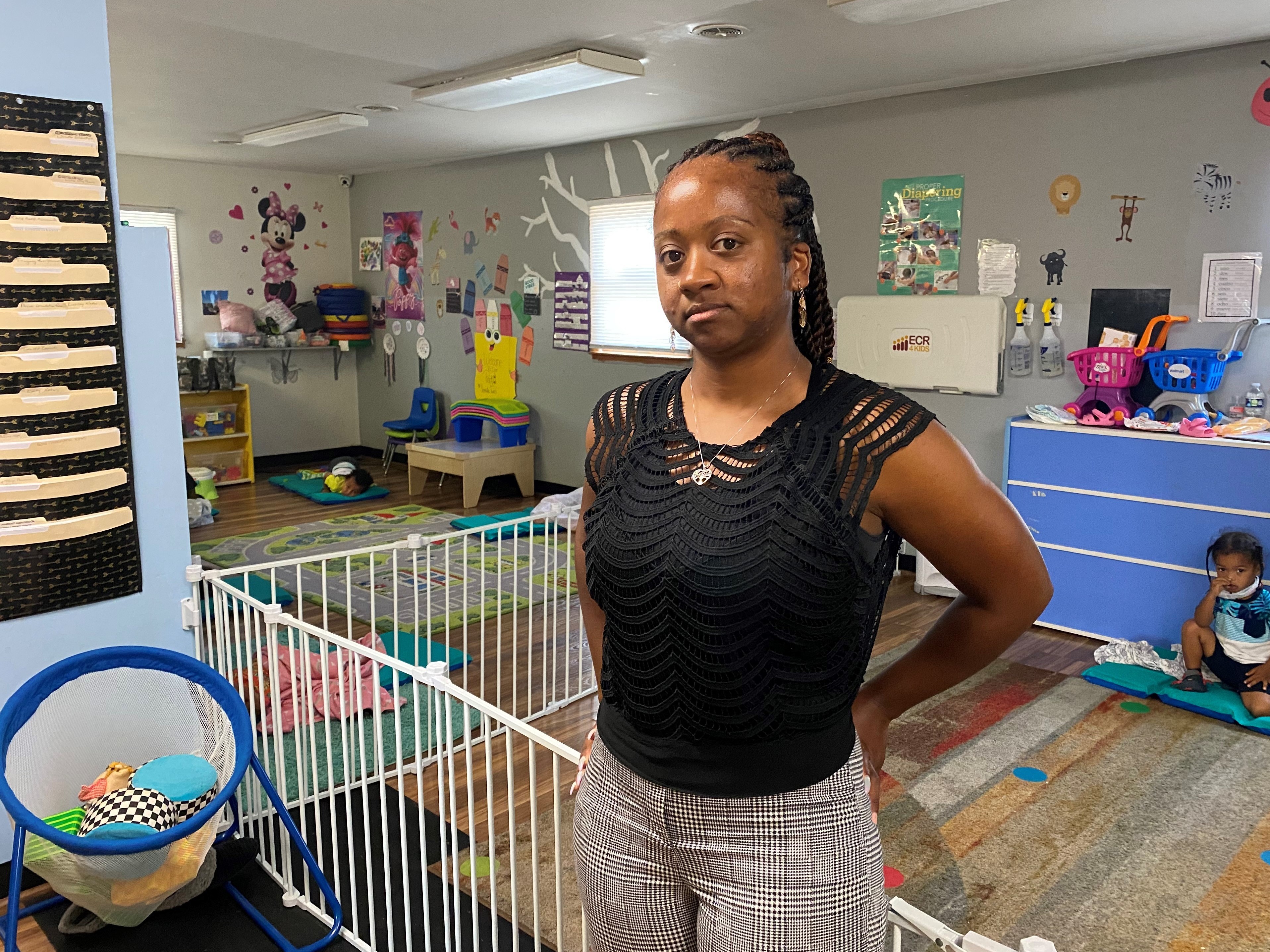 caption: Latoya Beatty, owner of Little Pandas Learn-N-Play in Martinsburg, W.Va., has had trouble hiring day care teachers. She recently raised her starting wage from $10 an hour to $12.
