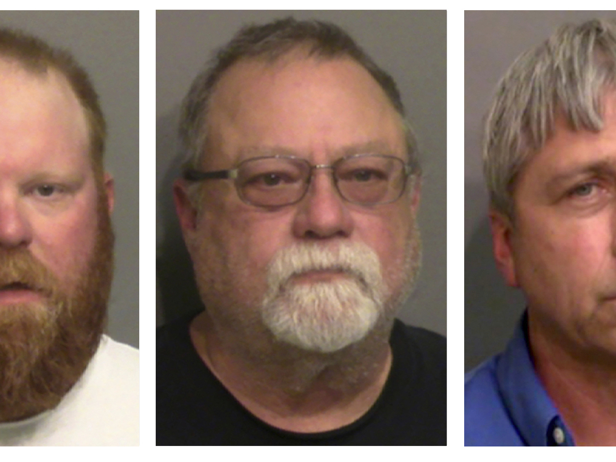 caption: This combo of booking photos provided by the Glynn County, Ga., Detention Center shows (from left) Travis McMichael, his father, Greg McMichael, and William "Roddie" Bryan Jr.