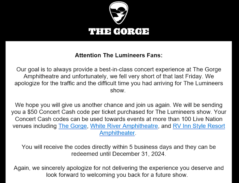 caption: An email to fans from Live Nation apologizing for Friday night's traffic jam and offer of $50 to spend at one of their venues. 