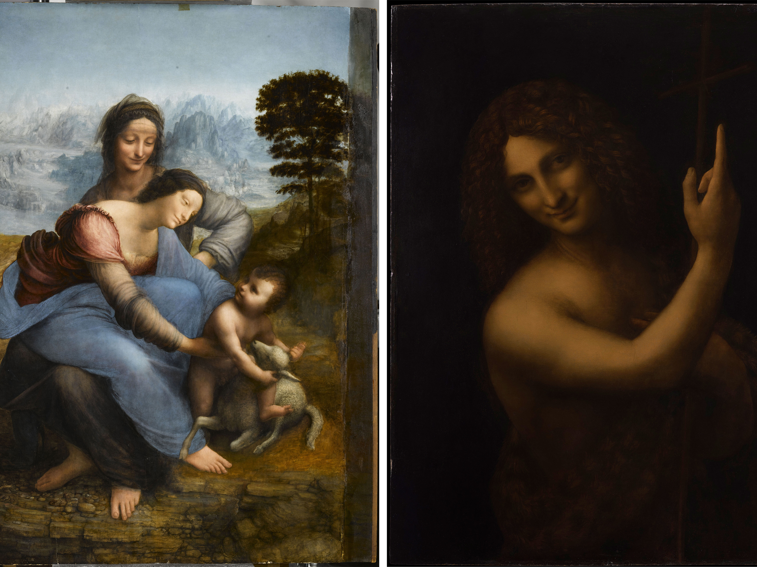 caption: When Leonardo da Vinci arrived in France in 1516, he brought three of his own paintings with him — "Virgin and Child with Saint Anne" (left), "Saint John the Baptist" (right) and the Mona Lisa.