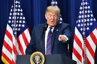 caption: President Trump speaks at the White House in Washington, D.C., in 2018.