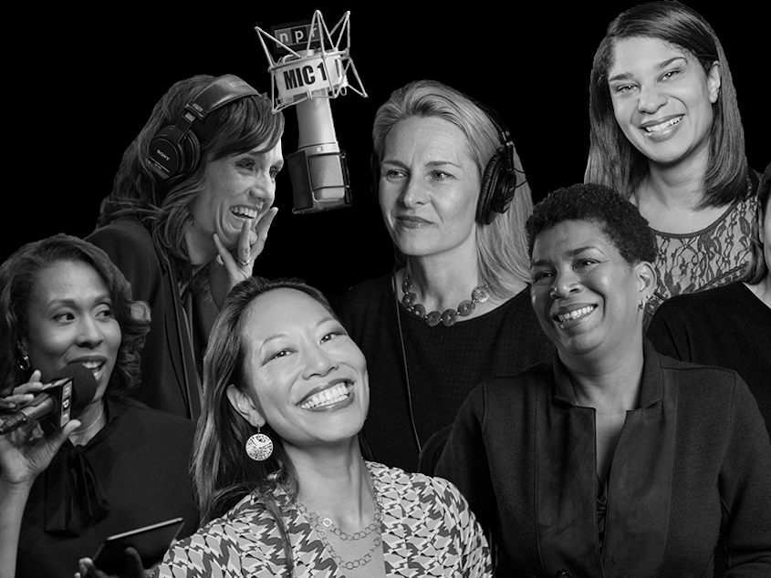 A black and white collage of NPR Women who host various shows.