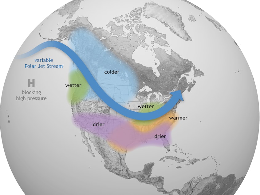 caption: This Climate.gov graphic shows how La Niña generally affects weather conditions in the U.S. Forecasters say there's a nearly 90% chance that La Niña conditions will be in place from December 2021 to February 2022.