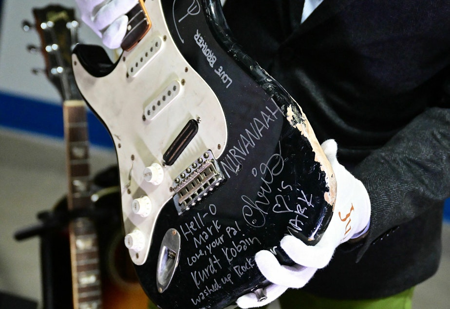 caption: Kurt Cobain's smashed Fender Stratocaster is displayed at Julien's Auctions in Gardena, Calif., on May 2 ahead of Julien's "Music Icons" auction of over 1,200 items from rockhistory and exclusive artist collections.