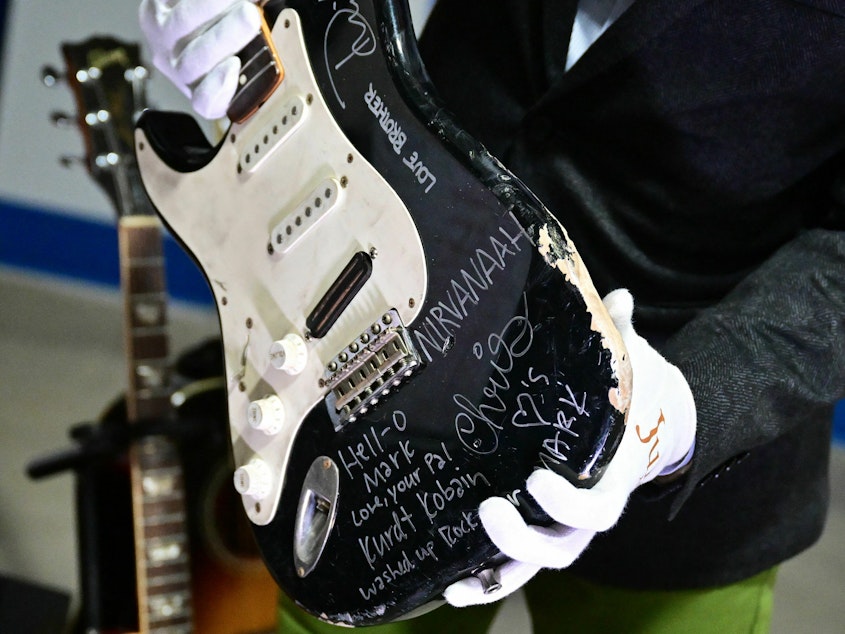 caption: Kurt Cobain's smashed Fender Stratocaster is displayed at Julien's Auctions in Gardena, Calif., on May 2 ahead of Julien's "Music Icons" auction of over 1,200 items from rockhistory and exclusive artist collections.