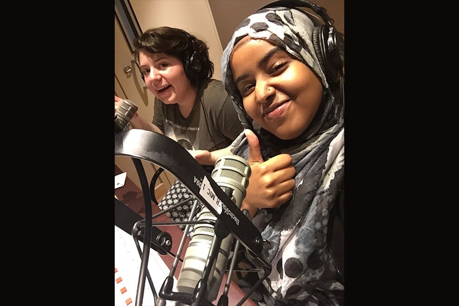 caption: Kendra Hanna and Iman Mohamed record this month's 'RadioActive' podcast.